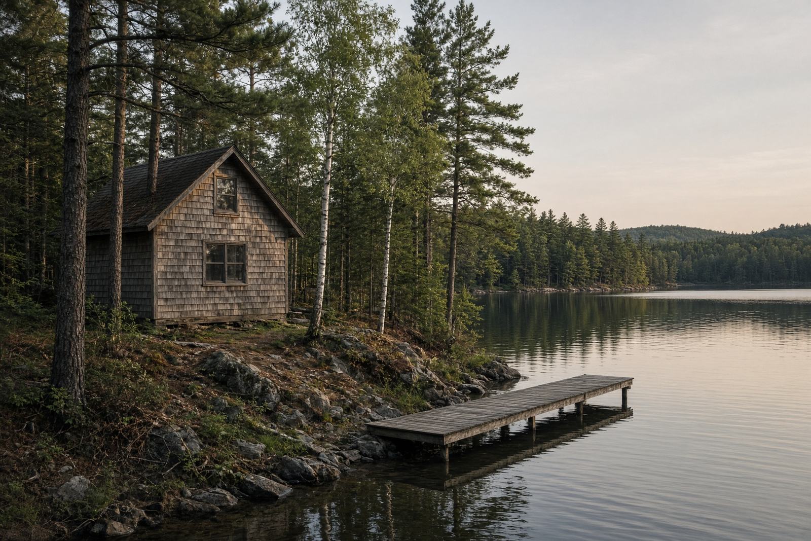 A cedar cabin beside a quiet lake